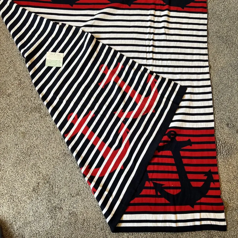 Nautical Throw Blanket 50x60 Knit Red White Blue Stripe Anchor Coastal Beach NEW